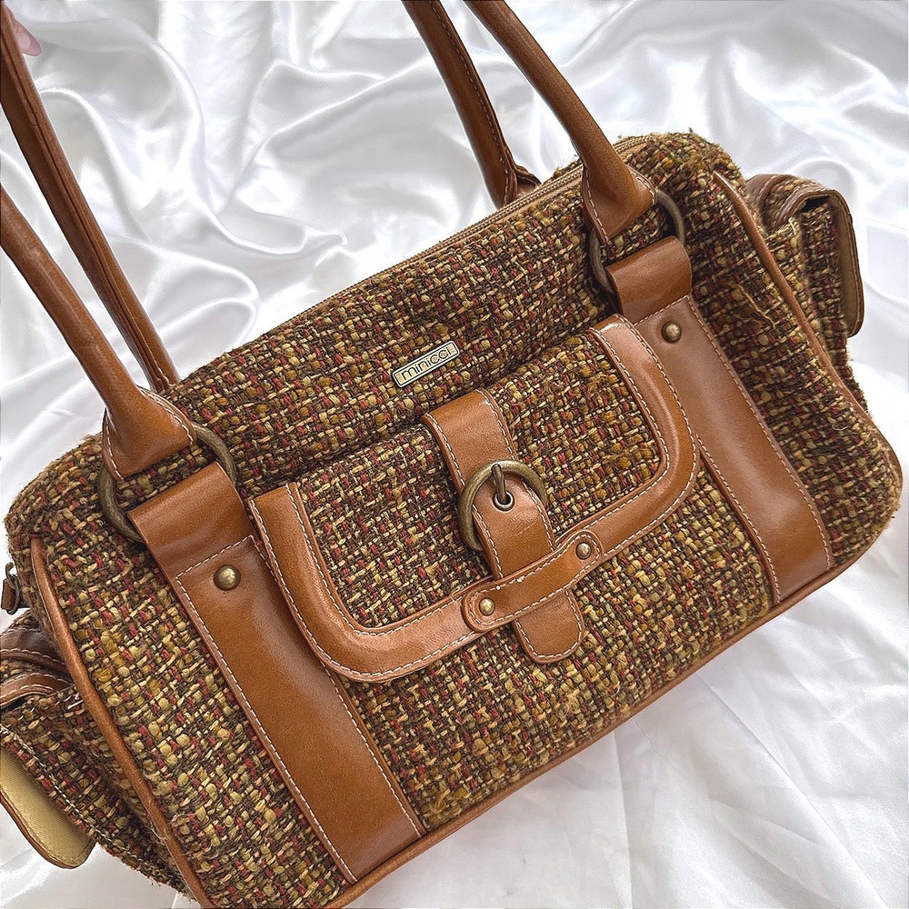 Minicci Vintage Tweed Satchel Handbag Brown Faux Leather Trim Shoulder Bag